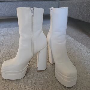 White Platform Block Heel Ankle Boots - Women